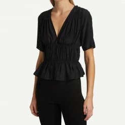 Frame Denim Ruched V-Neck S/S Blouse Noir