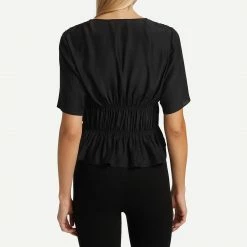 Frame Denim Ruched V-Neck S/S Blouse Noir