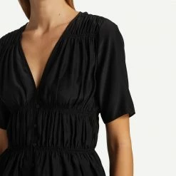 Frame Denim Ruched V-Neck S/S Blouse Noir