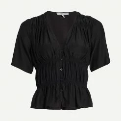 Frame Denim Ruched V-Neck S/S Blouse Noir