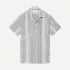 Wax London Mens Didcot Shirt Crinkle Stripe Cotton - Navy Ecru