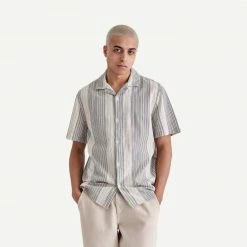 Wax London Mens Didcot Shirt Crinkle Stripe Cotton - Navy Ecru