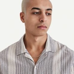 Wax London Mens Didcot Shirt Crinkle Stripe Cotton - Navy Ecru