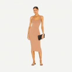 Enza Costa Silk Rib Tank Midi Dress In Peach Beige
