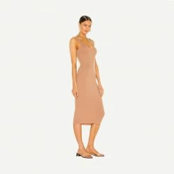 Enza Costa Silk Rib Tank Midi Dress In Peach Beige