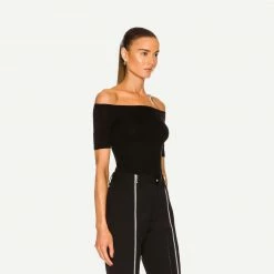 Enza Costa Womens Stretch Silk Knit Half Sleeve Off-Shoulder Top - Black