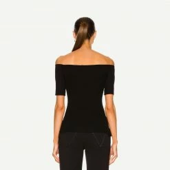 Enza Costa Womens Stretch Silk Knit Half Sleeve Off-Shoulder Top - Black
