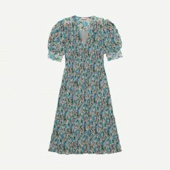 Ganni Pleated Georgette V-Neck Smock Midi Dress