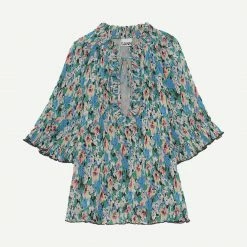 Ganni Pleated Georgette Ruffle V-Neck Raglan Blouse Womens