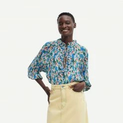 Ganni Pleated Georgette Ruffle V-Neck Raglan Blouse Womens