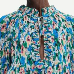 Ganni Pleated Georgette Ruffle V-Neck Raglan Blouse Womens