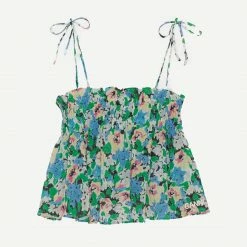 Ganni Womens Light Cotton Tieband Strap Top - Floral Azure Blue