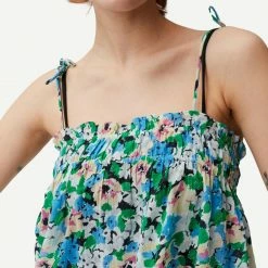 Ganni Womens Light Cotton Tieband Strap Top - Floral Azure Blue