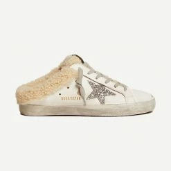 Golden Goose Womens Super-Star Sabot Leather Upper Glitter Star Shearling Lining