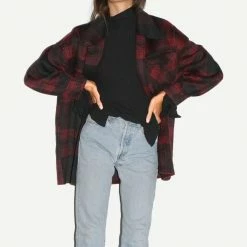LNA Oversized Plaid Jacket Black Red Womens