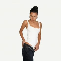 LNA Womens Essential Scoop Tank Bodysuit - White