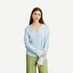 Vince Long Sleeve Double V-Neck Blouse - Cerulean