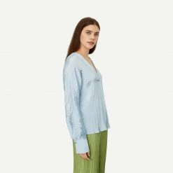 Vince Long Sleeve Double V-Neck Blouse - Cerulean