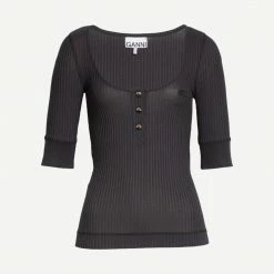 Ganni Womens Scoop Neck Ribbed Top