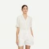 Vince Short Sleeve Drapey Striped Shirred Blouse - Off White