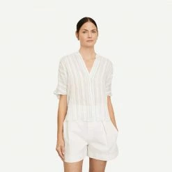 Vince Short Sleeve Drapey Striped Shirred Blouse - Off White