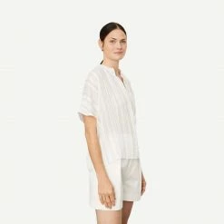 Vince Short Sleeve Drapey Striped Shirred Blouse - Off White