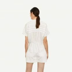 Vince Short Sleeve Drapey Striped Shirred Blouse - Off White
