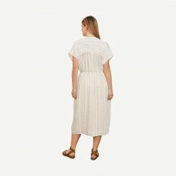 Vince Womens Short Sleeve Drapey Stripe Shirred Dress - Coastal/Sandshell