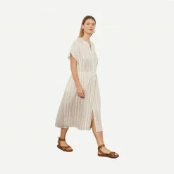 Vince Womens Short Sleeve Drapey Stripe Shirred Dress - Coastal/Sandshell