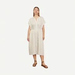 Vince Womens Short Sleeve Drapey Stripe Shirred Dress - Coastal/Sandshell