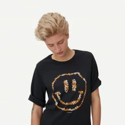 Ganni Floral Smiley O-Neck Mid Sleeve T-Shirt In Phantom Womens