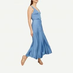 Vince Womens V-Neck Pleated Slip Dress - Hydrangea