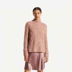 Vince Womens Mirrored Cable Turtleneck Rose