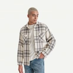 Wax London Mens Whiting Overshirt Dag Windowpane Twill - Ecru/Olive