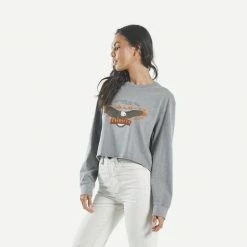 Thrills Womens Wings Of Fire Crop LS Merch Fit Tee Washed Grey