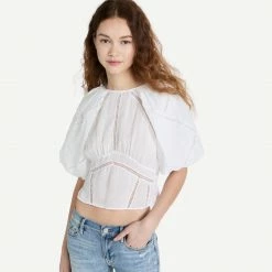 Frame Denim Womens Inset Lace Gathered Seam Top - Blanc