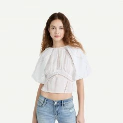 Frame Denim Womens Inset Lace Gathered Seam Top - Blanc