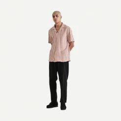 Wax London Didcot Shirt Thick Stretch Stripe - Rust/Ecru Mens