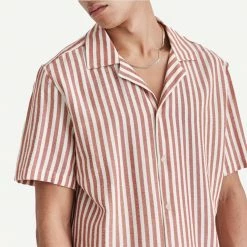 Wax London Didcot Shirt Thick Stretch Stripe - Rust/Ecru Mens